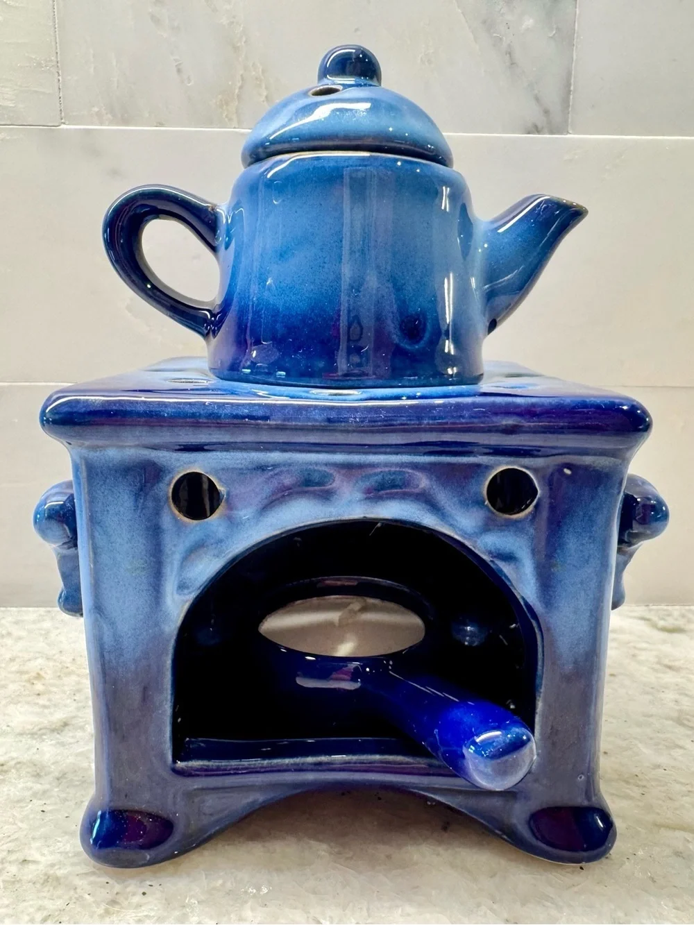 New Rustic Blue Ceramic Stove & Tea Pot Tea Light Candle Oil Warmer Diffuser 6”